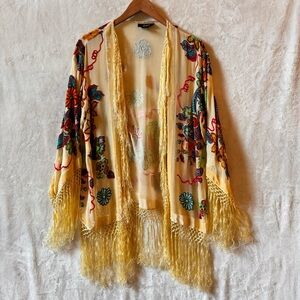 Yellow silk blend beaded colorful kimono duster open cardigan fits size M / L